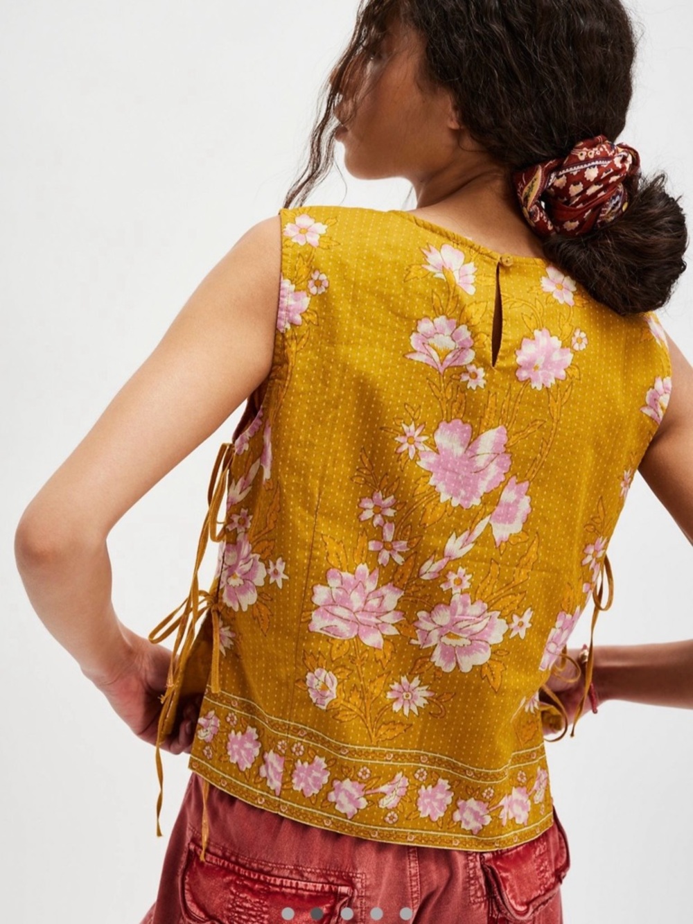 Free People Mustard Floral Tie-Side Crop Shell